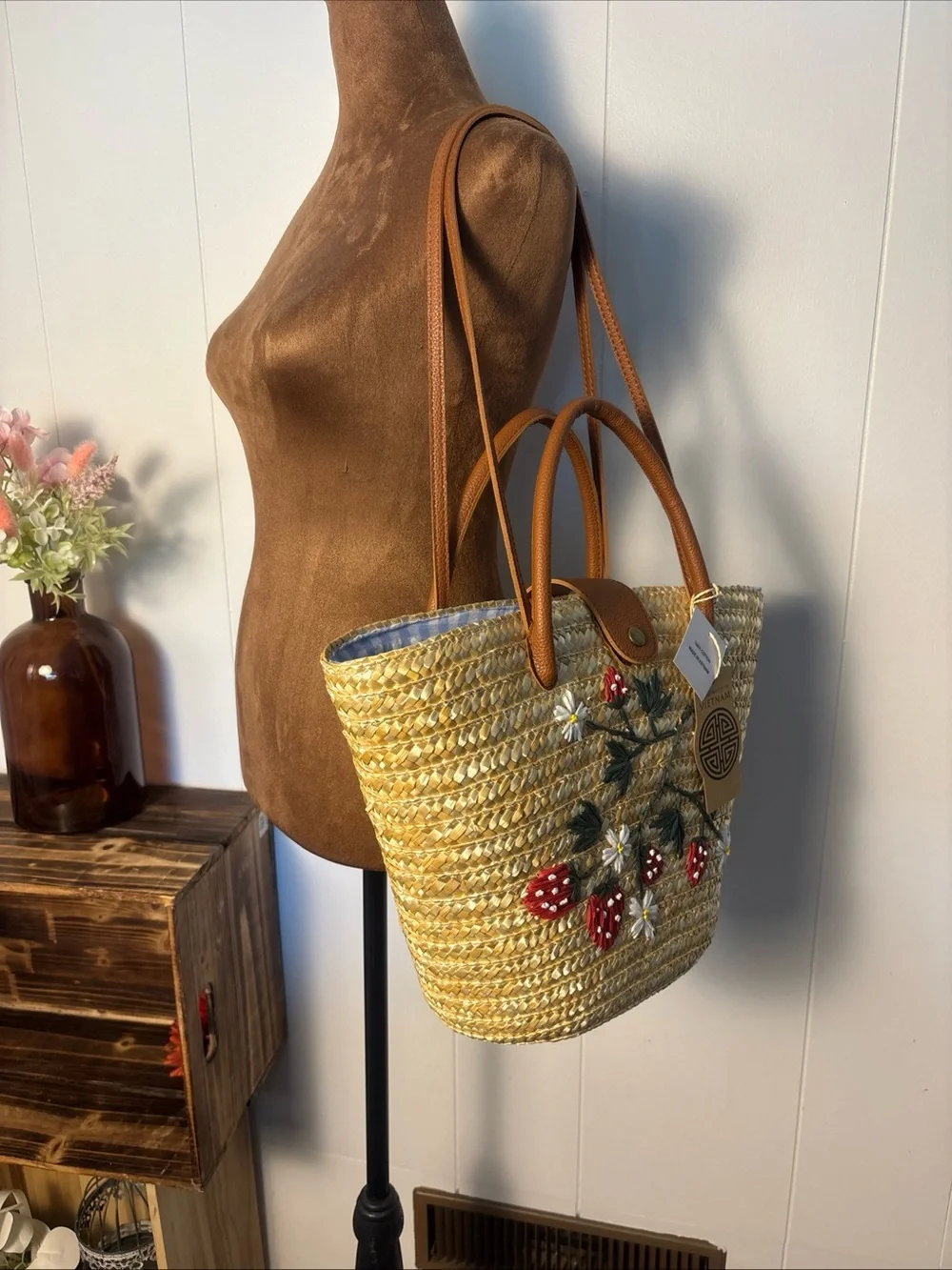 Source Unknown Straw Tote with Red Strawberry Embroidery and Tan Handles
